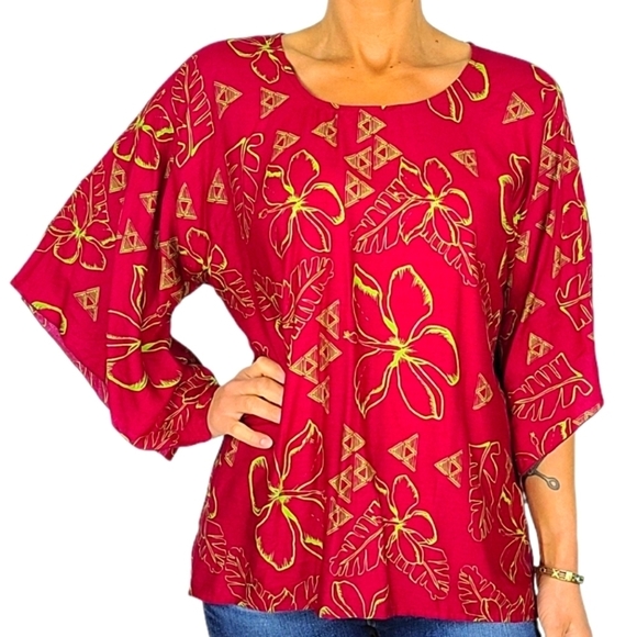 Hula Bay Rayon Blouse Size Small 6 Red Purple Floral Quarter Sleeve Scoop Neck - Picture 6 of 6
